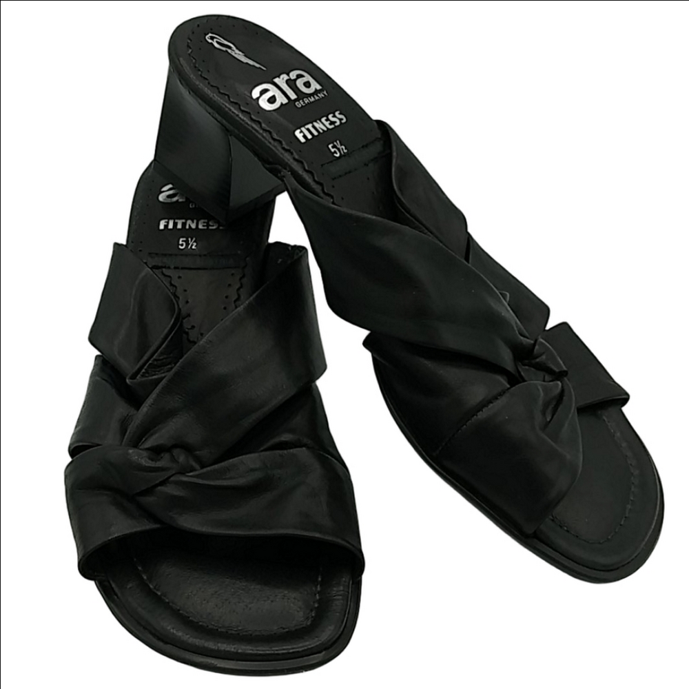 ARA Germany Fitness Black Leather Round Open Toe Blocked Heel Slip On Sandals